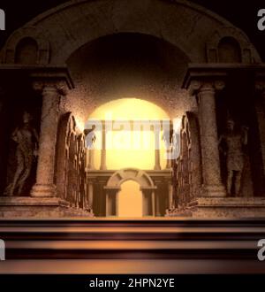 Pixel 3d render illustration of fantasy ancient greek temple with stone statues and columns and arches. Stock Photo