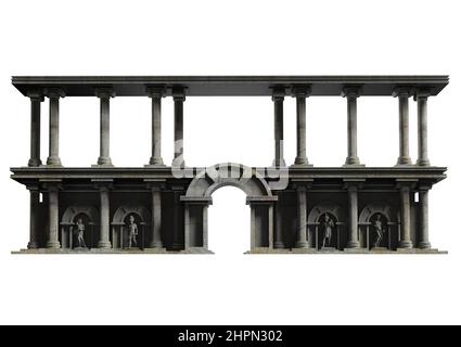 3d render illustration artwork of ancient greek fantasy temple walls with sculptures and columns isolated on white background, front view. Stock Photo