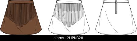 Vector flared mini skirt fashion CAD, woman fringe detailed skirt technical drawing, sketch, template, flat. Jersey, woven fabric, leather or suede sk Stock Vector