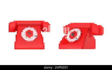 Pixel artwork illustration of 8 bit red colored old fashioned stationary landline phone isolated on white background. Stock Photo