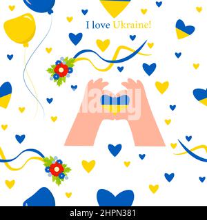 Seamless pattern with Ukrainian symbols. Hand gesture making heart symbol and text I love Ukraine, floral wreath Yellow-blue balloons and hearts on Stock Vector
