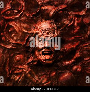 3d render illustration artwork of ancient fantasy demonic and infernal faces, mutilated and trapped in wall made of flesh. Stock Photo