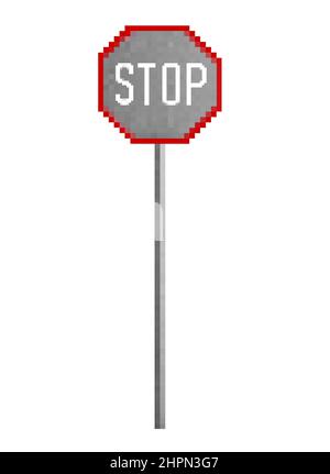 Pixel artwork illustration of 8 bit stop road sign isolated on white background. Stock Photo