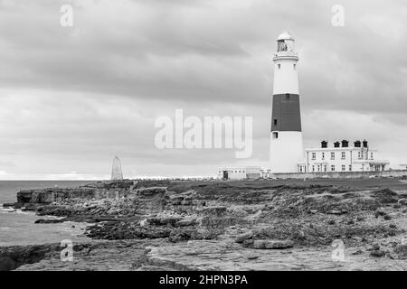 Black and white photo of Portland Bill lighthouse in Dorset at dusk Stock Photo