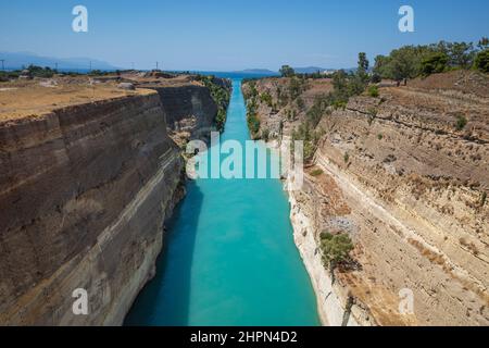 Nautical vessel sailing through the Corinth Canal, Corinthia region, Greece, Europe Stock Photo