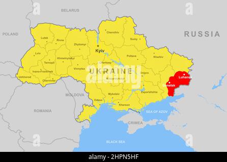 Ukraine on Europe map, Donetsk and Luhansk regions (Donbass). Political outline map with Russia border, Crimea and Black Sea. Concept of Ukraine-Russi Stock Photo