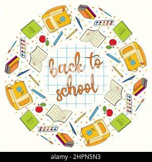 Bright line art round wreath of back to school symbols and congratulations Stock Vector