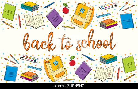 Bright line art illustration with studying at school symbols. Background with back to school congratulations Stock Vector