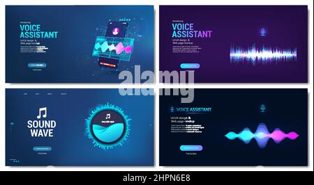 Mockups web page on the topic - Voice Assistant Landing Pages for Mobile app Stock Vector