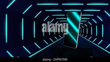 Realistic smartphone on neon background Stock Vector