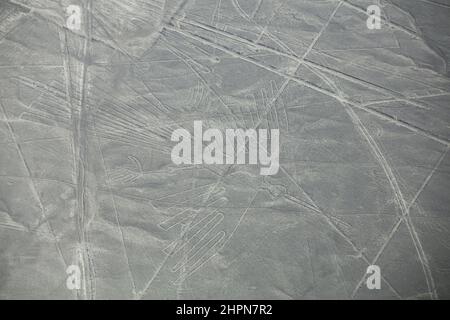 Aerial view of Nazca Lines geoglyphs in Peru. The Lines were designated as a UNESCO World Heritage Site in 1994. Stock Photo