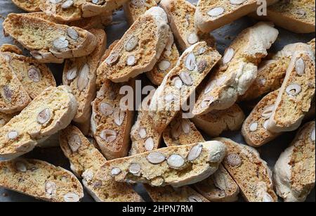 Cantucci, traditional Italian almond cookies from Tuscany background. Flat lay. Stock Photo