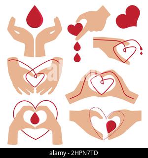 Hands with heart shape on red background illustration,Blood Donation, blood donor background, Medical background. Human donates blood Stock Vector