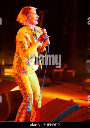 Karen O, lead singer of the group The Yeah, Yeah, Yeah's performs at the Coachella Valley Music and Arts Festival. Stock Photo