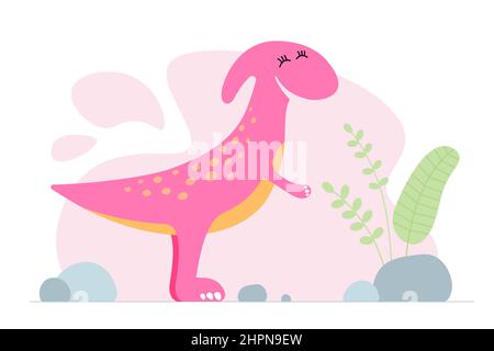 Cute pink dino. Kind smiling baby dinosaur parasaurolophus. Cartoon baby graphic design print banner. Creative girlish original design. Hand drawing vector eps illustration Stock Vector