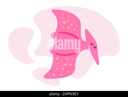 Cute pink dino. Kind smiling baby dinosaur pterodactyl. Cartoon baby graphic design print banner. Creative girlish pterosaur original design. Hand drawing vector eps illustration Stock Vector