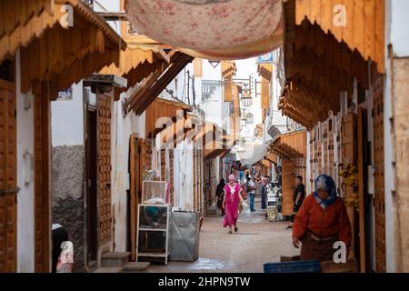 Narrow white-walled streets of the newly-restored Rabat medina in Morocco. Stock Photo