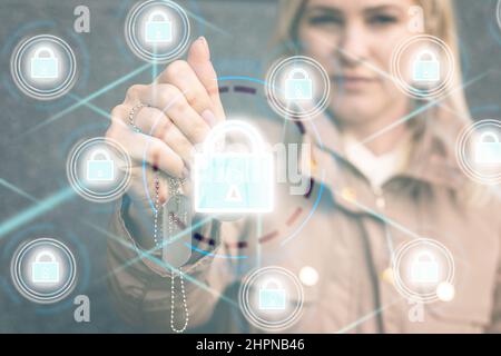 Soldier pressing text data integration button on a virtual interface. Big Database Military Technology. Data Integration Information Modern Innovative Stock Photo