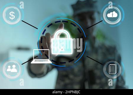 Soldier pressing text data integration button on a virtual interface. Big Database Military Technology. Data Integration Information Modern Innovative Stock Photo