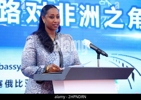 Addis Ababa. 22nd Feb, 2022. Dagmawit Moges, Ethiopia's minister of transport and logistics, speaks during a seminar themed 'Significance of the Addis Ababa-Djibouti Railway for the Horn of Africa' in Addis Ababa, Ethiopia, on Feb. 21, 2022. The Chinese-built Addis Ababa-Djibouti Standard Gauge Railway has won acclaim for facilitating regional integration and prosperity. Credit: Xinhua/Alamy Live News Stock Photo