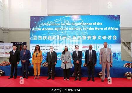 Addis Ababa. 22nd Feb, 2022. Representatives from China and Ethiopia pose for a group photo after attending a seminar themed 'Significance of the Addis Ababa-Djibouti Railway for the Horn of Africa' in Addis Ababa, Ethiopia, on Feb. 21, 2022. The Chinese-built Addis Ababa-Djibouti Standard Gauge Railway has won acclaim for facilitating regional integration and prosperity. Credit: Xinhua/Alamy Live News Stock Photo