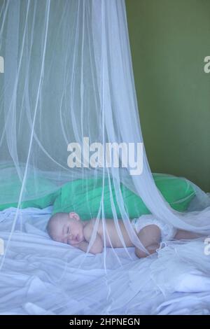 Baby girl sleeping under mosquito net inside a bungalow Stock Photo