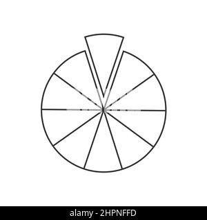 Circle segmented into 10 sectors. Pie or pizza shape cut in ten equal slices. Round statistics chart example isolated on white background. Vector outline illustration Stock Vector