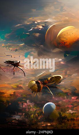 Abstract digital painting interpreting insects and planets. Modern art creative background. Texture graphic resource. Stock Photo