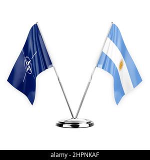 Two table flags isolated on white background 3d illustration, nato and argentina Stock Photo