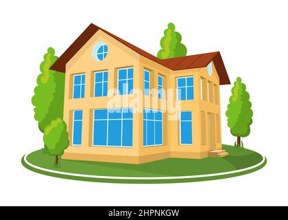 Summer landscape. 3D house icon surrounded by trees. Stock Vector