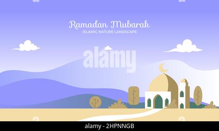 Flat Ramadan kareem banner card with mosque landscape Stock Vector