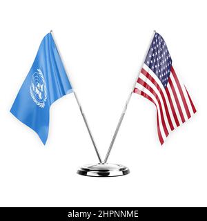 Two table flags isolated on white background 3d illustration, united nations and usa Stock Photo