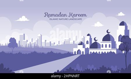 Islamic landscape background, Ramadan mosque landscape with flat design Stock Vector