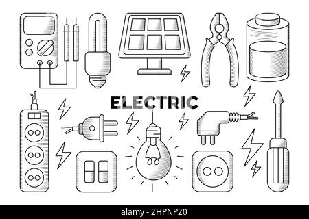 Electric tools equipment with hand drawn lineal doodle design Stock Vector