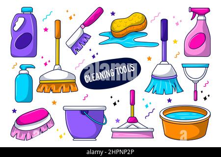 Cleaning tools equipment element with colored hand drawn doodle design Stock Vector