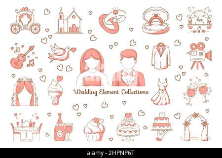 Wedding Element set with colored hand drawn lineal doodle design Stock Vector