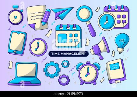 Time Management element with colored hand drawn doodle design Stock Vector