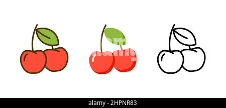 Cherry vector cute fruit icon. Cherry vector illustration isolated red line cartoon icon Stock Vector