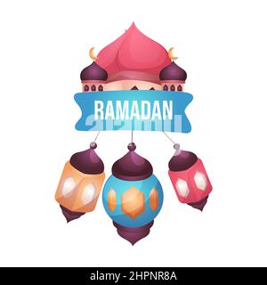 Hanging islamic lantern with ribbon and mosque dome Stock Vector