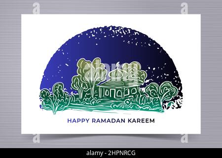 Ramadan kareem greeting card with hand drawn of mosque and grunge background Stock Vector