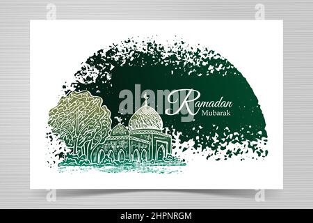 Ramadan kareem greeting card with sketch of mosque and grunge background Stock Vector