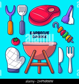 Colorful Barbecue hand drawn doodle illustration with outline style Stock Vector