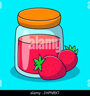 Jar of Strawberry jam with hand drawn doodle illustration cartoon style Stock Vector