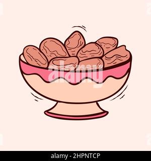 A bowl of dates with colored hand drawn vector illustration Stock Vector