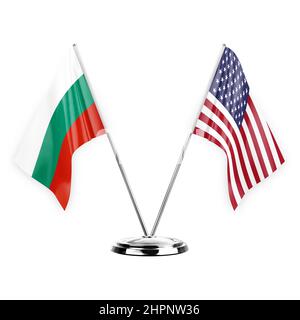 Two table flags isolated on white background 3d illustration, bulgaria and usa Stock Photo