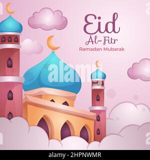 Flat eid al-fitr - eid mubarak mosque with cloud Stock Vector