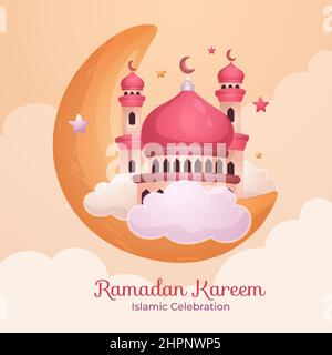 Flat eid mubarak mosque with moon and cloud illustration Stock Vector