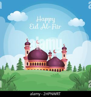 Flat hand drawn eid mubarak mosque landscape Stock Vector