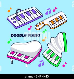 Doodle piano illustration with colored Hand drawn outline style Stock Vector