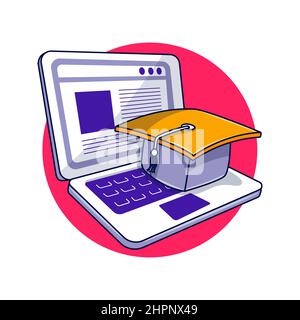 Laptop with graduation hat, educational hand drawn cartoon illustration Stock Vector